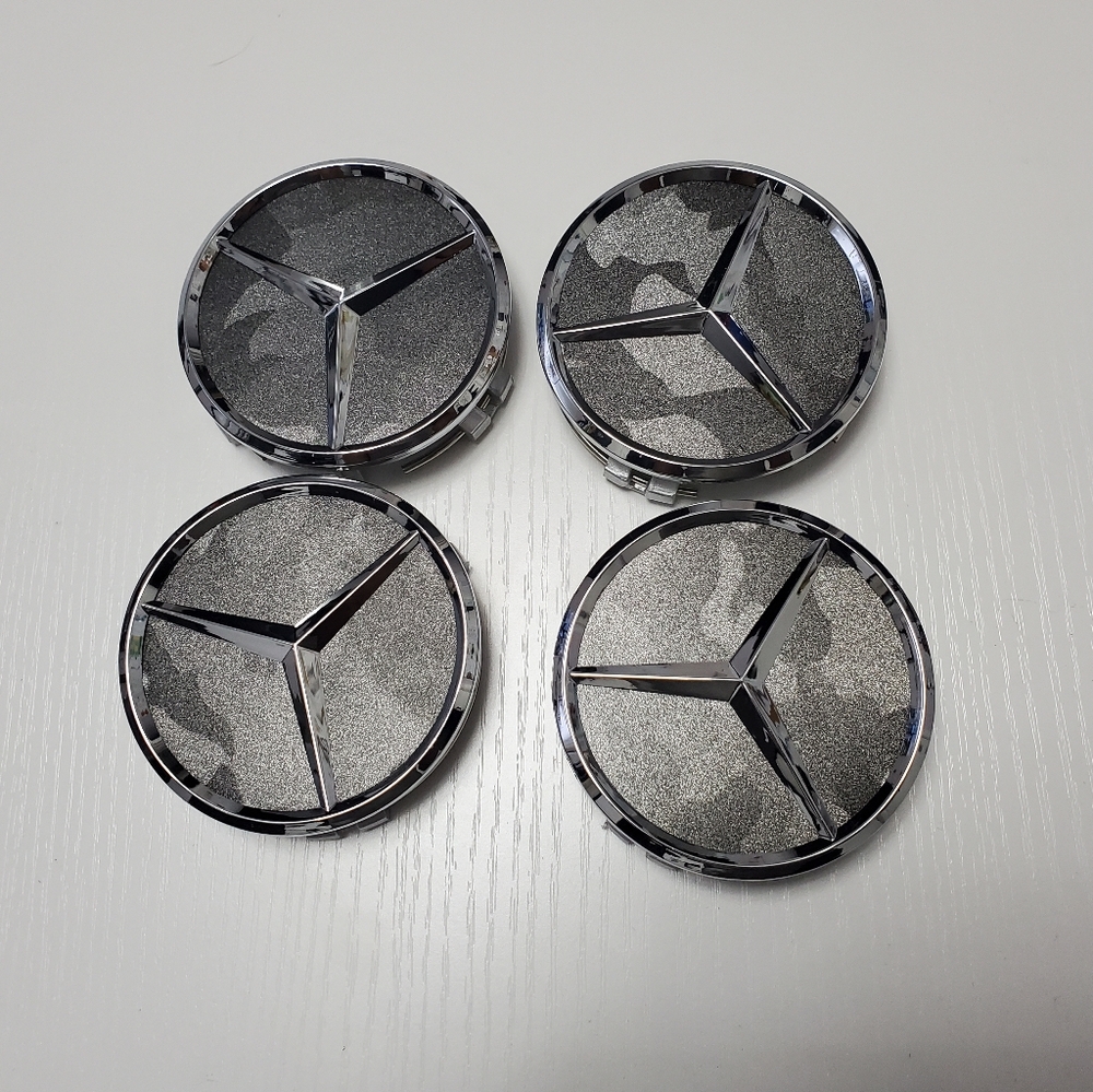 4 Camouflage Silver WHEEL CENTER HUB CAPS EMBLEM FITS MERCEDES BENZ 75mm 3inch - Picture 3 of 6